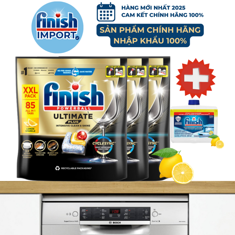 Combo 3 túi 85 viên Finish Ultimate Plus 2025 hương chanh, chuẩn châu Âu, siêu cao cấp, 14x tính năng/viên, dùng cho máy rửa chén 13-15 bộ